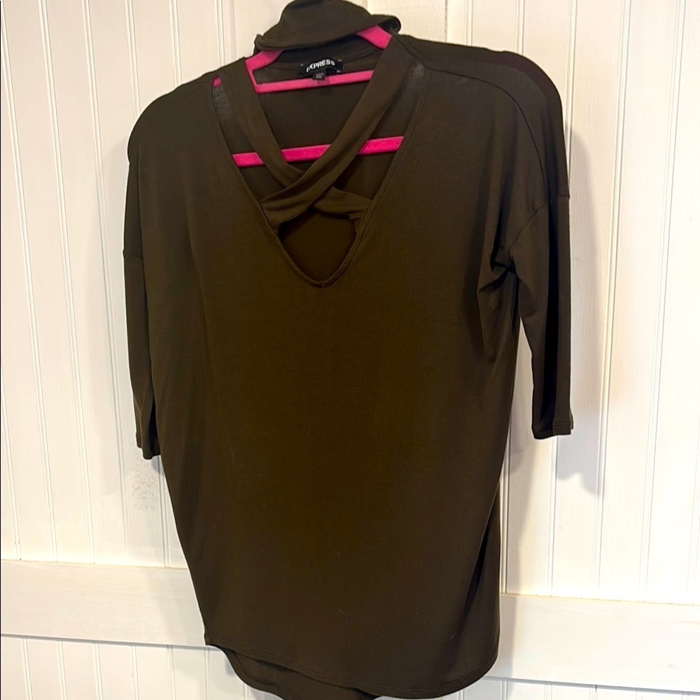 Express Olive Green Top W/crisscross neck and neck tie. Size XXS